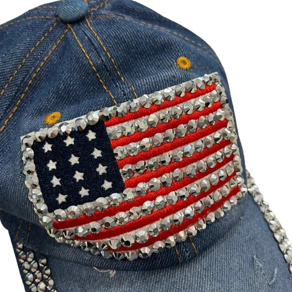Jeweled US Flag Denim Baseball Hat - Picture 3 of 7